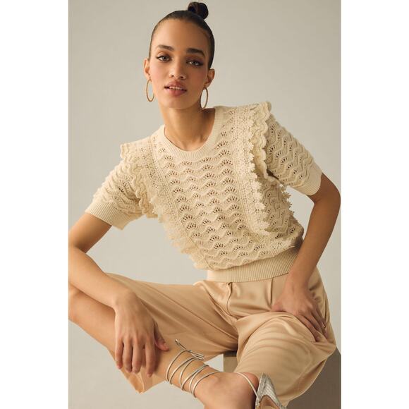 Anthropologie Sweaters - Anthropologie Kachel Shimmer Crochet Sweater Tee Cream M